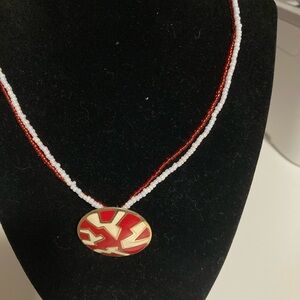 Handmade red and white beaded necklace with vintage pendant, magnetic clasp